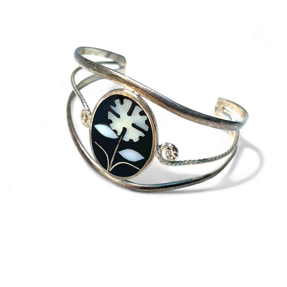 Vintage Alpaca Silver Cuff Flower Bracelet